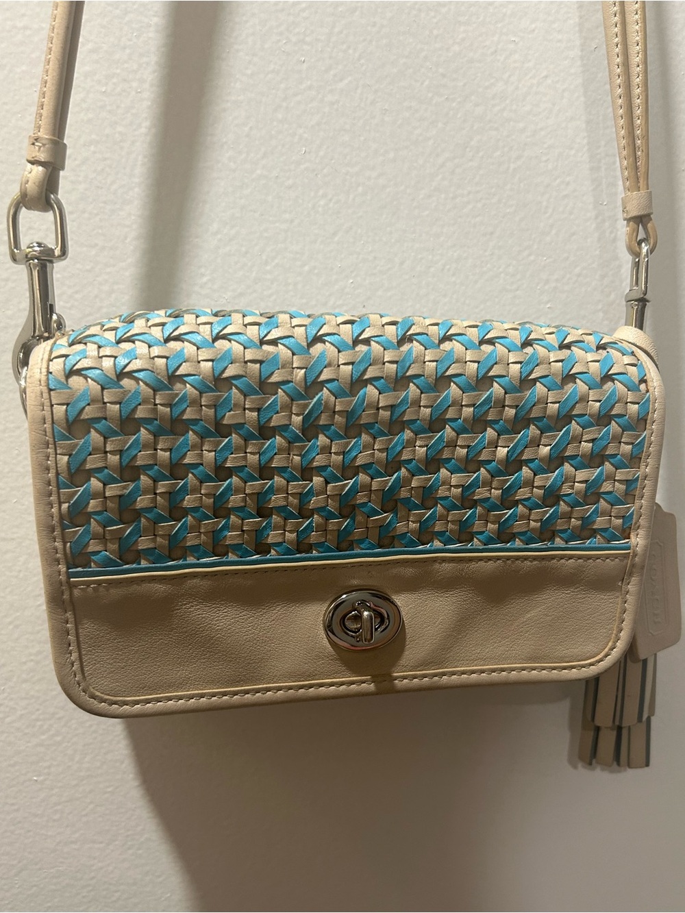 Coach Woven Leather Mini Crossbody - Turquoise Cream - 23705